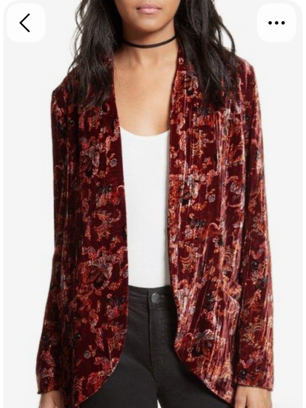 Free People Burgundy Floral Devore Velvet Open Cardigan